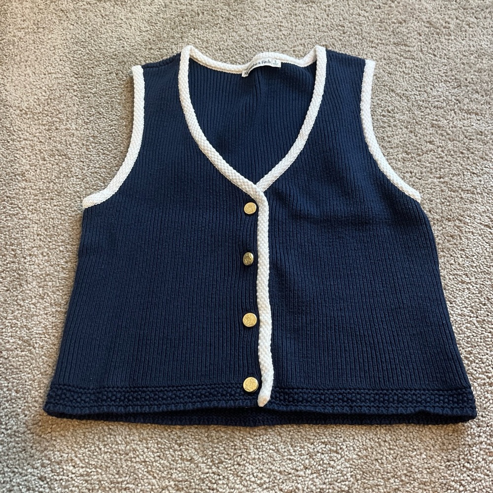 Abercrombie Mara Sweater Knit Vest Top Sleeveless Navy Blue White Gold Small - Picture 2 of 7